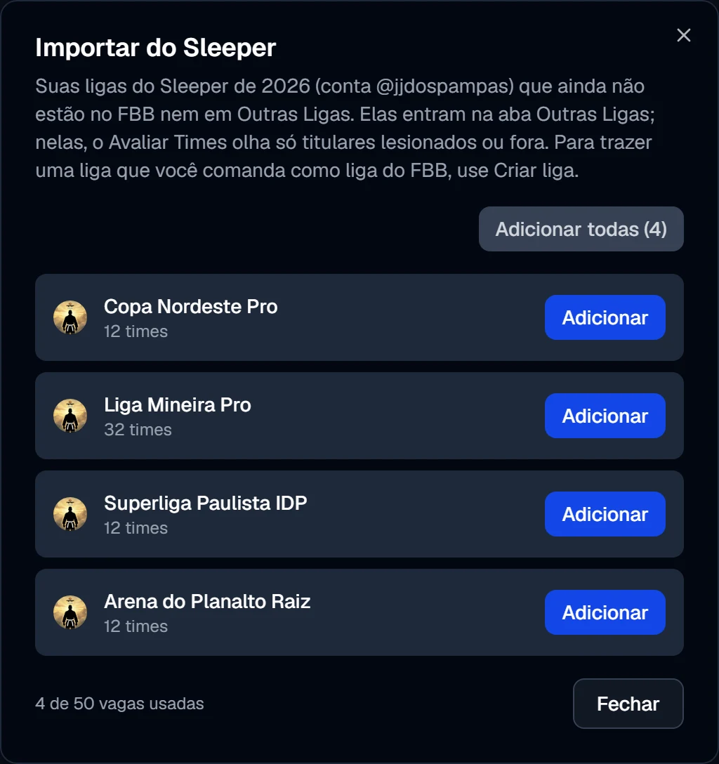Importar do Sleeper: as ligas da conta que ainda não estão no app
