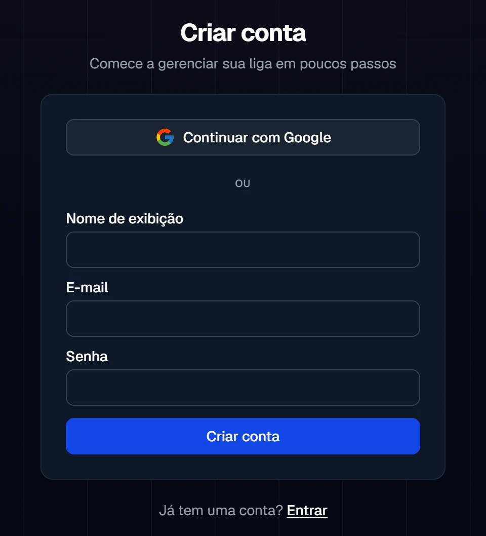 Criar conta: Continuar com Google, ou nome, e-mail e senha